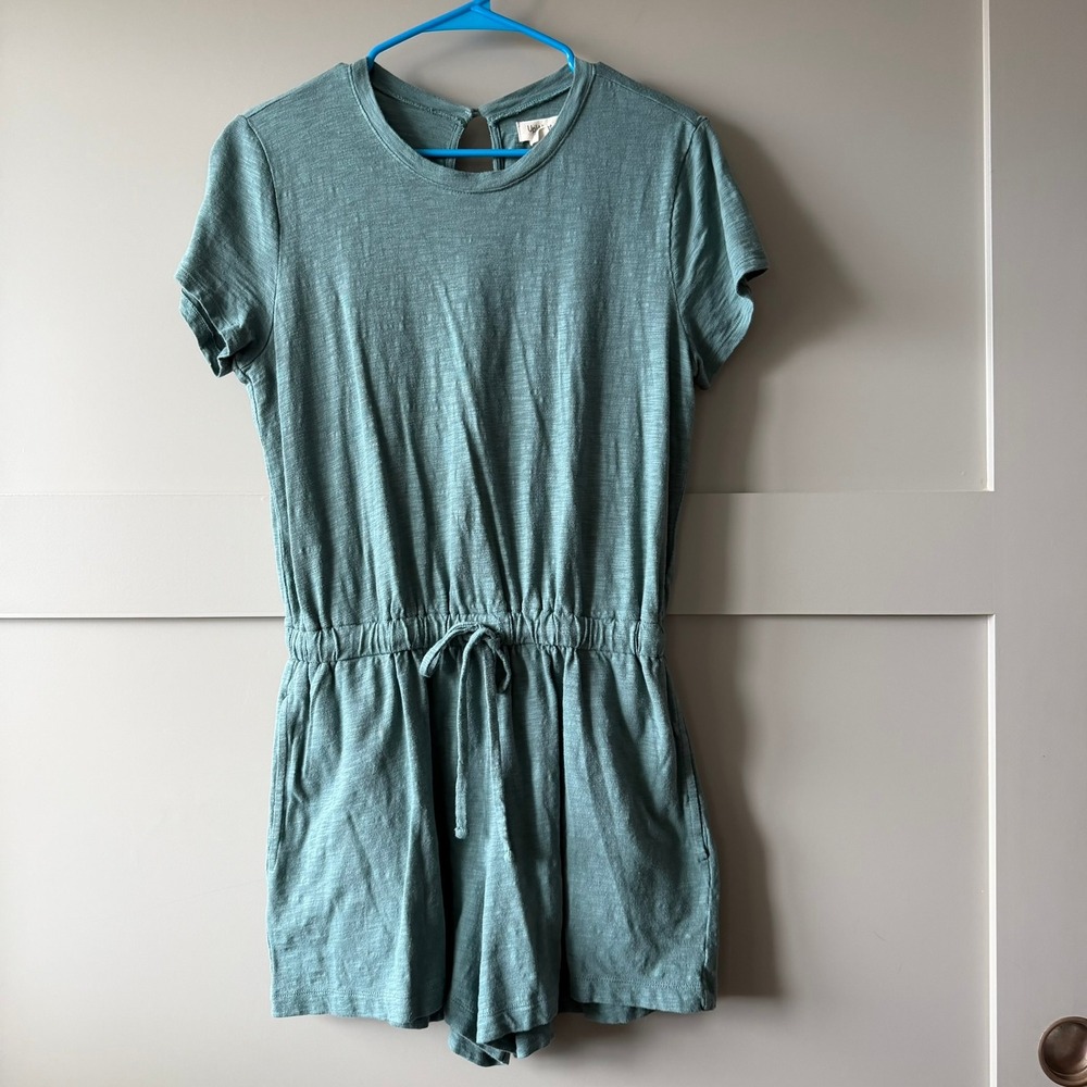 UpWest Cotton Slub Romper Womens M Green Short Sleeve Drawstring Pockets